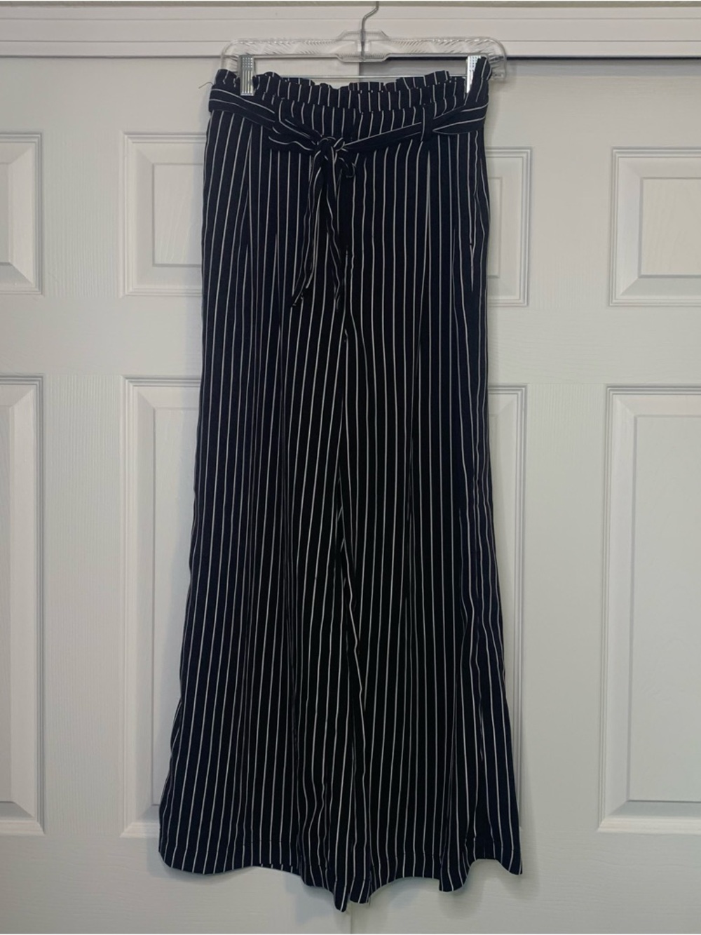 Black and White Pinstripe Tie-Waist Wide Leg Trouser Pants